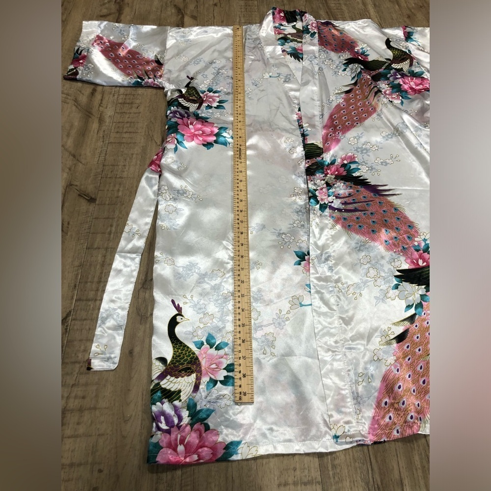 Sam Well Floral Satin Kimono Robe peacock floral flowers romantic night bath - Picture 6 of 9